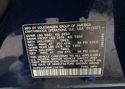 2021 Volkswagen Atlas Cross Sport 3.6L V6 Sel Premium R-Line from USA, damaged, VIN 1V2FE2CAXMC236783